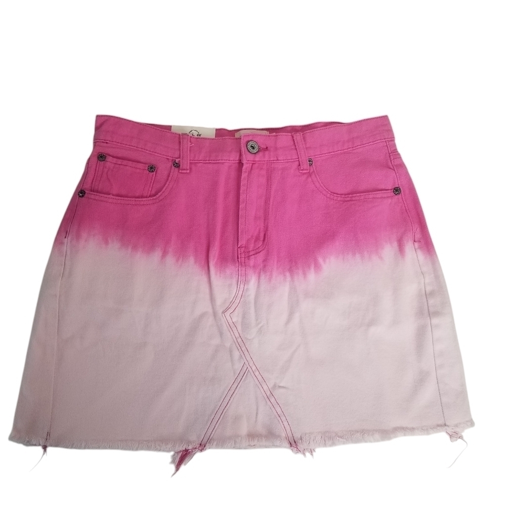 NWT Umgee Pink/White Ombre Denim Mini Skirt Tie Dye Size L Frayed Hem